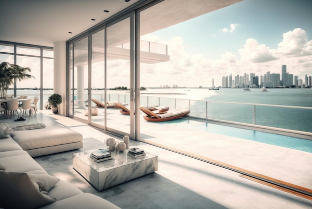 A stunning luxury condominium building stands amid the bustling city skyline boasting a luxurious swimming pool and ornate windows generative ai