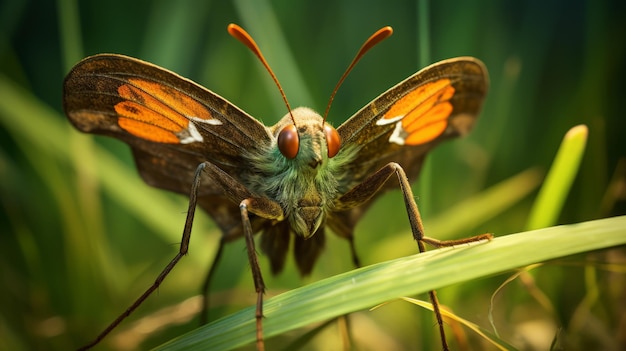 驚くべきマクロ画像 草を襲う準備ができている蛾