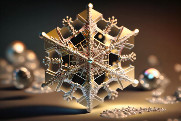 A stunning macro shot of a snowflake glittering in the sunlight with intricate and unique crystal patterns
