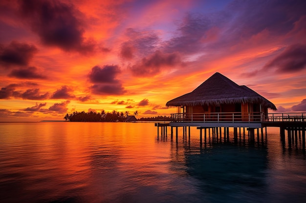 Потрясающий закат на Мальдивах с бунгало над водой