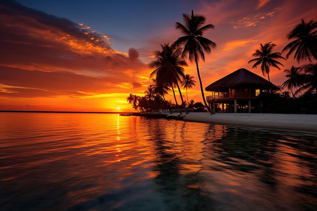 Stunning Maldives Sunset with Overwater Bungalows