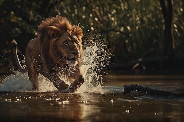 A stunning male lion in full charge kicking up water
