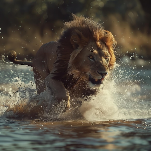 Ошеломляющий самец льва в полной нагрузке пинает воду