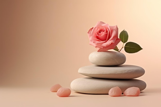 Stunning Minimalist Showcase Empty Stone Platform with a Bouquet of Roses on Beige Background