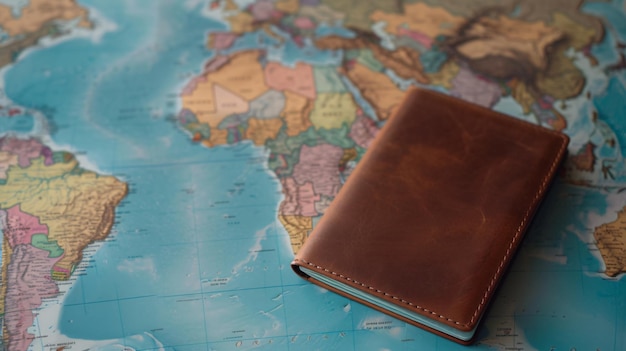空白パスポートのカバーのモッケージ - 世界の地図に照らしてカバーの特別な素材と無限のカスタマイズ可能性を示す