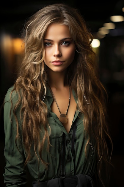 A stunning model girl with long flowing hair striking green eyes and a captivating smile