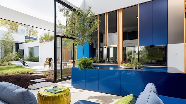 금속성 우아함과 유기적 따뜻함, 생동감 넘치는 색상이 조화를 이루는 멋진 현대식 주택