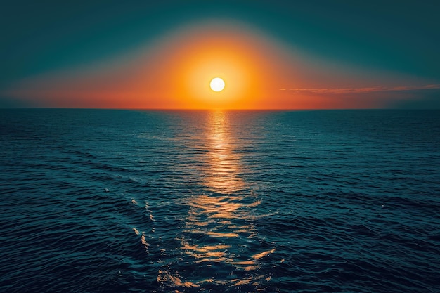 Потрясающий момент, когда солнце опускается за горизонт, бросая завораживающее сияние на спокойные воды океана. Ярко-желтое солнце садится над темно-синим океаном. Сгенерировано AI.