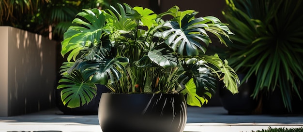 Stunning monstera plant in black planter outdoors