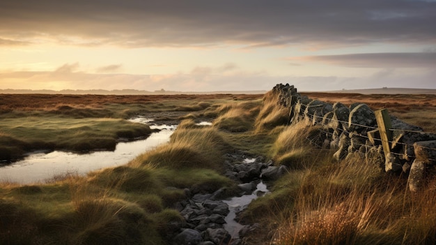 Stunning Morning View Marsh With Lined Stone Fence On English Moors