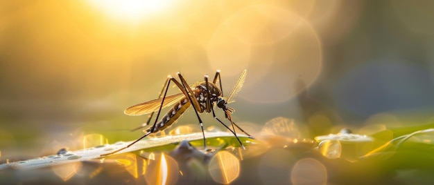 A stunning mosquito silhouette captured during the golden hour with a backdrop of radiant bokeh lights