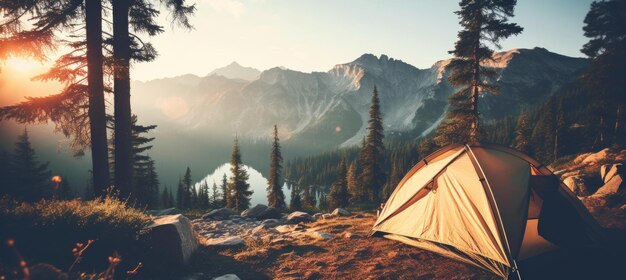 Stunning mountain campsite with vibrant tent a perfect summer getaway for adventurous tourists