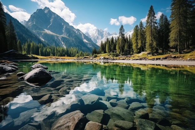 Потрясающий пейзаж горного озера с кристально чистой водой, отражающей небо