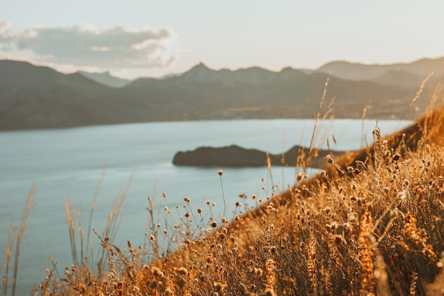 Stunning mountain landscape in the sunset rays of the sea coast and mountains in the Crimea