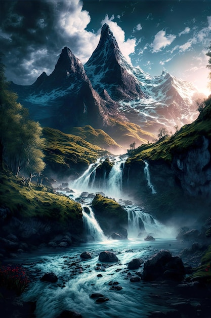 Stunning mountain peak waterfall