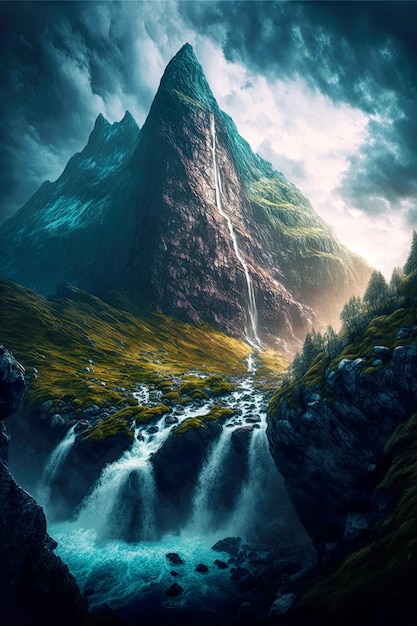 Stunning mountain peak waterfall