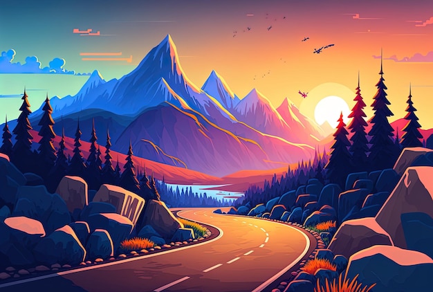 Stunning mountain scenery road at a beautiful summer sunrise