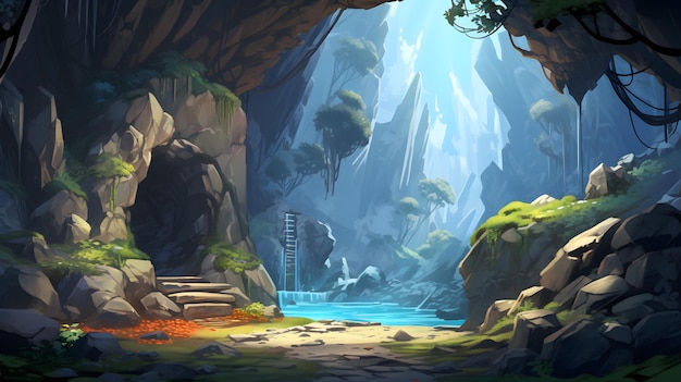 Потрясающий ландшафт природы величественная пещера с очаровательным водопадом генеративный ИИ