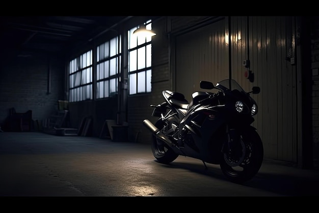 A stunning new motorbike is sitting in the garage in the dark basement