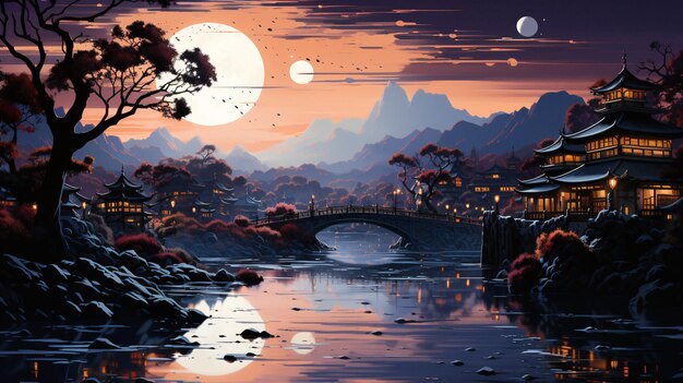 Stunning Night Landscape with Bridge and Serene River A Captivating Generative AI Masterpiece