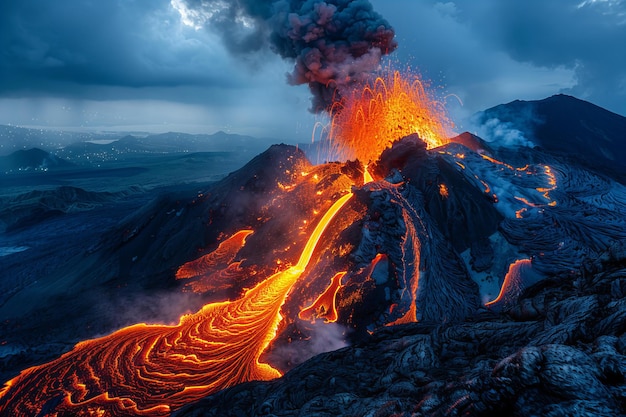stunning night photo of an erupting volcano with orange lava flowing down the side and smoke billow