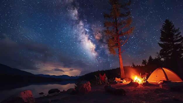 驚くべき夜空は星で満ちており銀河系ははっきりと見える湖の岸に火が燃え近くにテントが立てられている