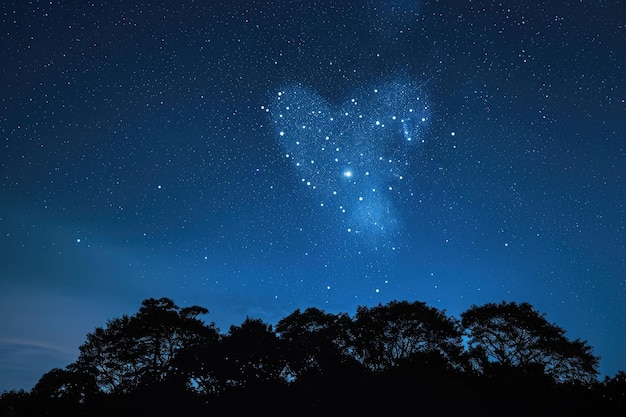 A stunning night sky showcasing a multitude of stars illuminating the silhouettes of tall trees Heart constellation shining bright in the night sky AI Generated