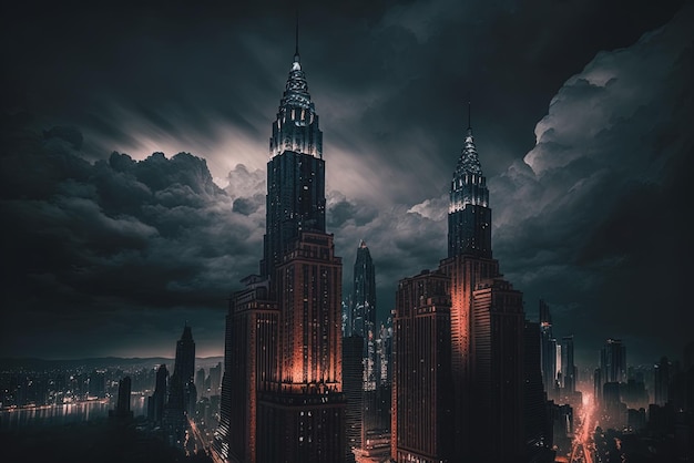 흐린 하늘을 배경으로 윤곽이 잡힌 대도시 고층 빌딩의 멋진 야간 풍경