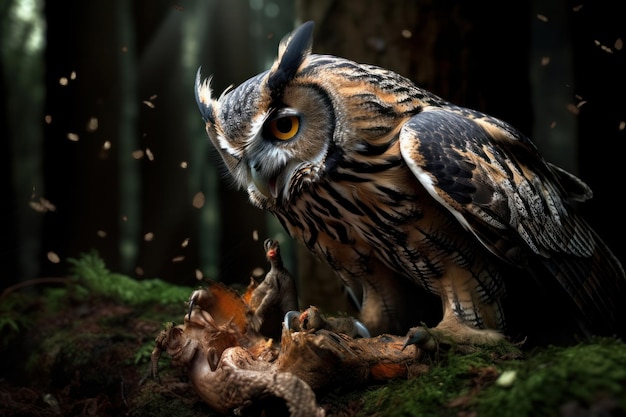 A stunning nocturnal predator an owl perched on the ground in the woods