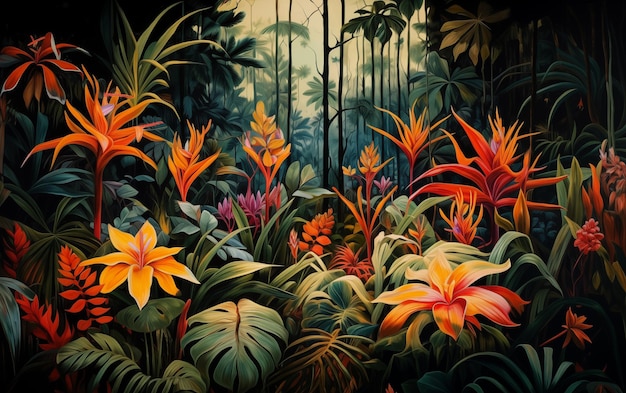 Photo stunning oil painting capturing tropical plants in jungle