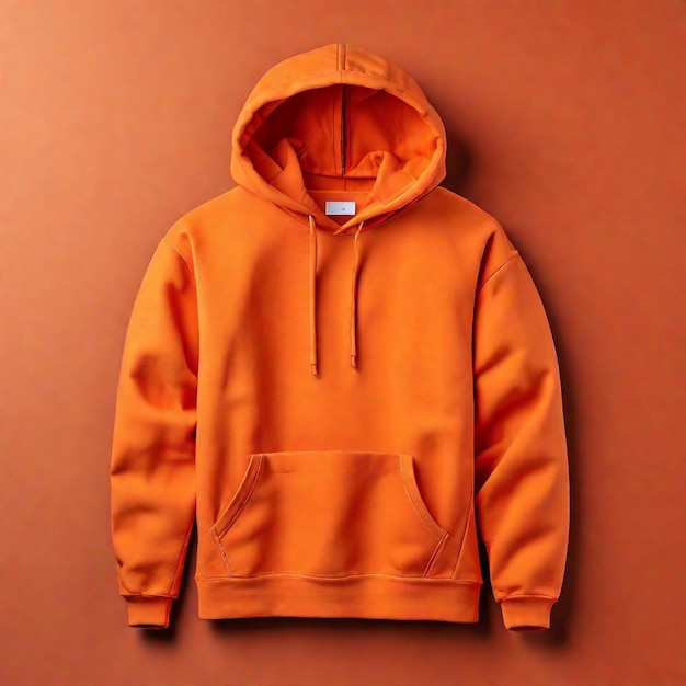 화려한 오렌지색 후디 모형 스웨트 셔츠와 주머니가 색상 배경에 고립되어 있습니다.