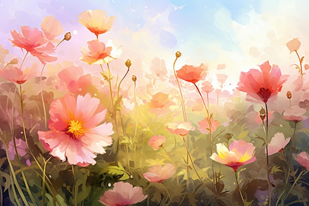 野原に咲くピンクの花の美しさを捉えた見事な絵画 日当たりの良い背景にある庭の花と植物 AI が生成