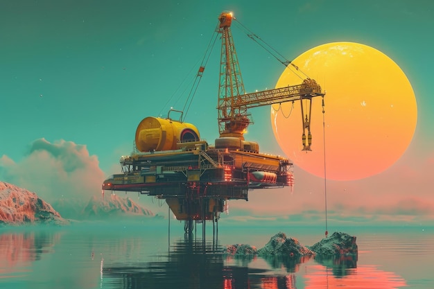 A stunning painting capturing an oil rig located in the center of a vast body of water A futuristic depiction of a floating crane at a space construction site AI Generated