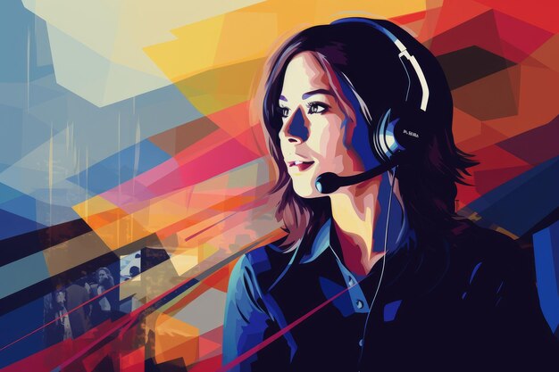 A stunning painting of a woman wearing a headset showcased in an art gallery Portrait of a woman working in customer service at a call center AI Generated