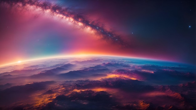 A stunning panorama of a sunrise from the depths of space with a vibrant spectrum of colors