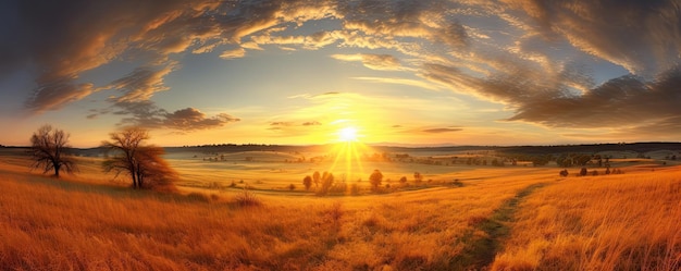 Stunning panoramic shot of a colorful sunrise over a wide open field panorama