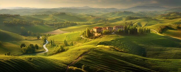 Stunning panoramic shot of a lush green countryside with rolling hills panorama