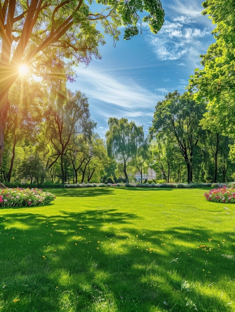 Photo a stunning park scene featuring a sea of lush green grass accented by vibrant flower beds in full bloom and surrounded by a canopy of verdant trees all basking in the warm radiant sunlight