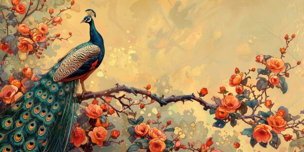 A stunning peacock rests on a branch of flowers