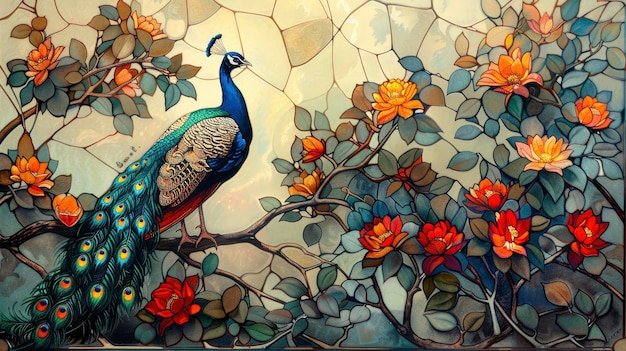 麗 な 孔雀 が 花 の 枝 に 座っ て いる