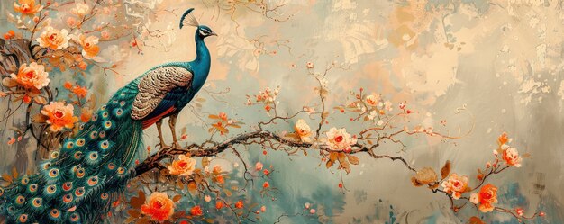 A stunning peacock rests on a branch of flowers