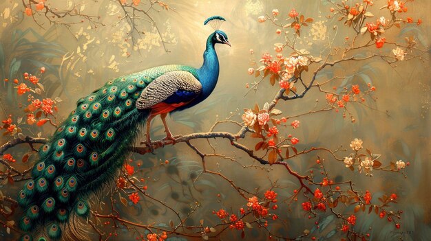 A stunning peacock rests on a branch of flowers