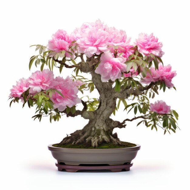 Foto lo stupefacente bonsai di peonia su uno sfondo bianco, un'affascinante eleganza botanica