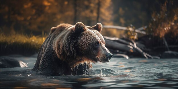 Stunning photo of a bear in the river Generative AI