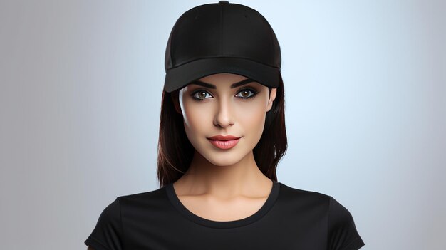 Stunning photo Beautiful Women wearing a Black Baseball Cap Mockup in Front view isolated in Grey