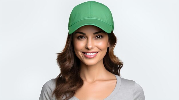 Photo stunning photo beautiful women wearing a green baseball cap mockup in front view isolated in white