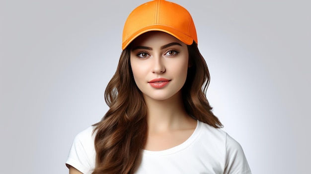 オレンジ色の野球帽をかぶった美しい女性の見事な写真正面のモックアップが白で隔離