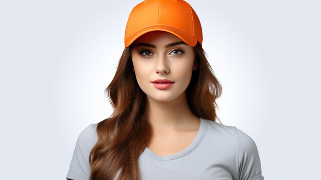 Photo stunning photo beautiful women wearing a orange baseball cap mockup in front view isolated in white