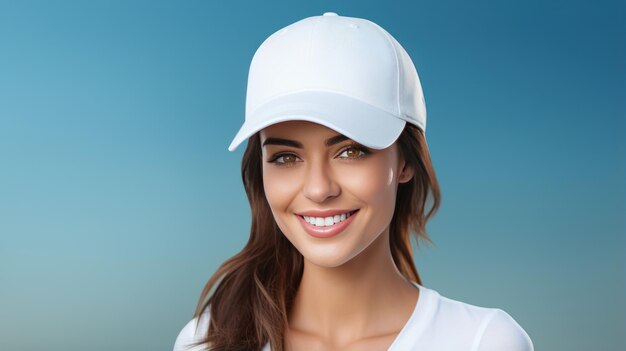 Foto splendida foto belle donne che indossano un modello di berretto da baseball bianco in vista frontale isolato in blu