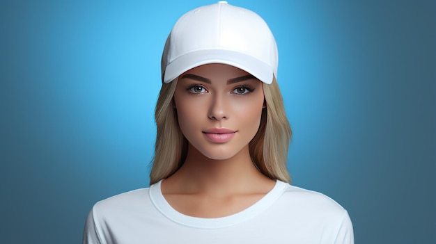 Stunning photo Beautiful Women wearing a White Baseball Cap Mockup in Front view isolated in Blue